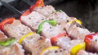 sulu, şişler üzerinde ihale et kebap. Et ateşve duman sıcak bir ızgara üzerinde pişirilir. lezzetli doğal et hazırlama geleneksel yolu. Kamera yukarıdan aşağıya doğru hareket eder, odak değişir.