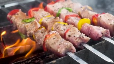 Domuz eti ve biber şişler üzerinde şiş. baharat ve biber serpilir. Sıcak kömürler üzerinde hazırlanıyor. alevler ve duman, sulu kabuk, barbekü açık havada. Açık ateşte yemek pişirmek. Yavaş çekim yakın çekim.