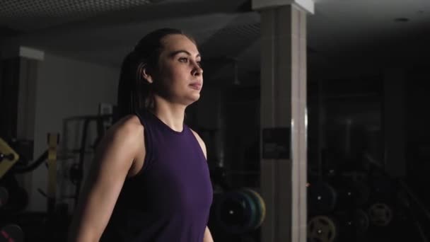 Young Beautiful Girl Doing Exercises Gym Raises Hands Metal Dumbbells — 비디오