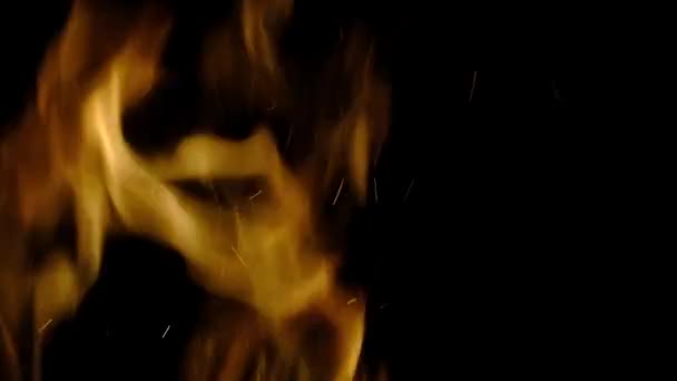 Płonącego Ognia Iskrami Płonących Popiołów Nocy Czarnym Tle — Wideo stockowe