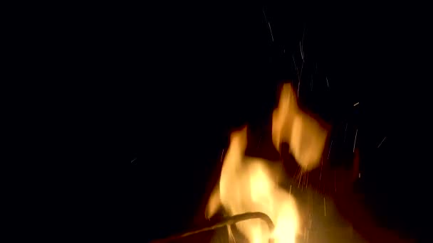 Искры Пламя Огня Черном Ночном Фоне Пылающий Пепел Поднимается Огня — стоковое видео