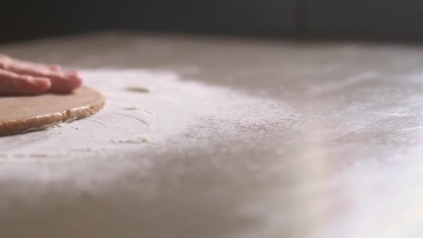 女性のペストリーシェフの手は クッキーのためにロールアウト茶色の生地の上に小麦粉を広げます ジンジャーブレッドを準備するプロセス 柔らかい夜の照明 自然光パノラマ撮影 — ストック動画