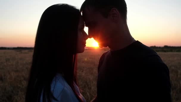 Jeune Couple Amoureux Embrassant Sur Fond Coucher Soleil Estival Silhouette — Video