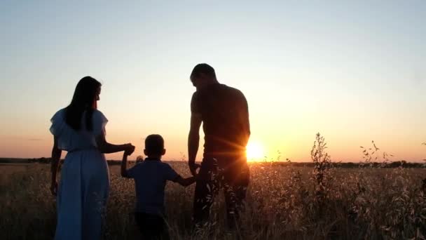 幸せな家族の父の母と息子は小麦畑を歩き 夕日を見ます 父は子供を肩に乗せなさい 女性は家族を抱きしめ 幸せで笑う 自然の中の子供たちとのレクリエーション — ストック動画
