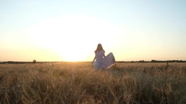 Belle Jeune Fille Aux Cheveux Foncés Robe Longue Bleue Déplace — Video