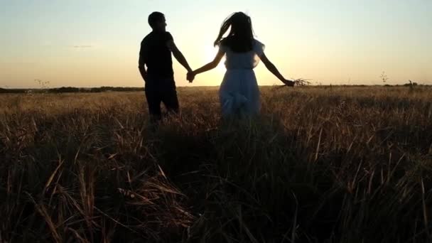 一个恋爱中的男人和一个女人在一个五彩缤纷的夏日落日里穿过麦田 他们跑向远方 在天空中拥抱 自然浪漫的关系 — 图库视频影像