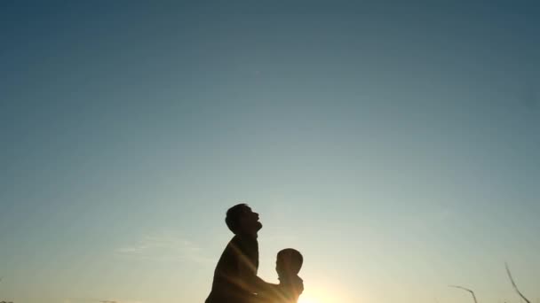 Heureux Papa Jette Son Petit Garçon Air Dans Nature Silhouettes — Video