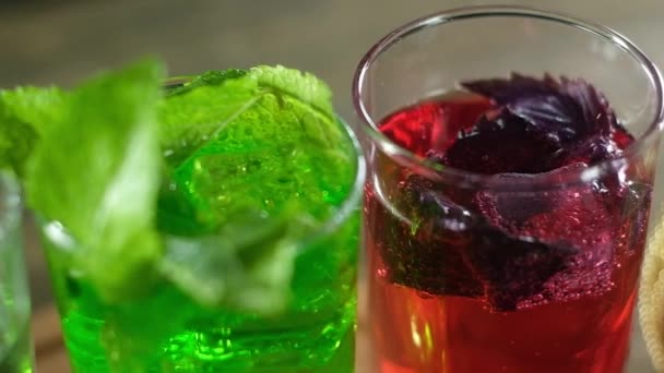 Panoramische Close Van Verfrissende Cocktails Groene Drank Met Munt Blad — Stockvideo