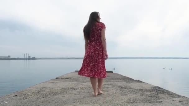 長い髪を持つ短い赤いドレスの細い魅力的な女の子は海への石の桟橋に沿って前方に歩く 自由を楽しむ女鳥が泳いでいます夏休み海の桟橋で — ストック動画
