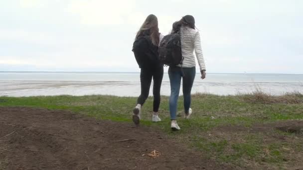 Two Young Girls Backpacks Backs Edge Cliff Friends Enjoy Natural — Stock Video