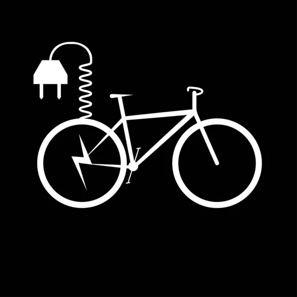 Biały rower i wtyczka elektryczna do ładowania roweru na czarnym tle - ilustracja wektora — Wektor stockowy