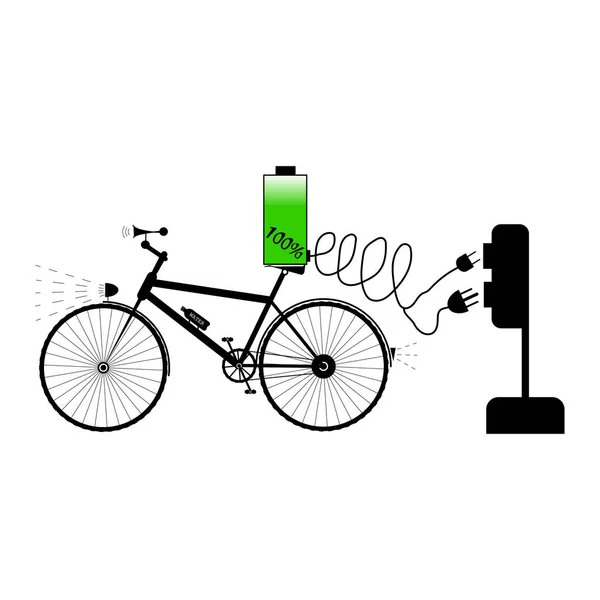 Bicicleta preta com dois tipos de plugue elétrico diferente e sinal do carregador do equipamento — Vetor de Stock