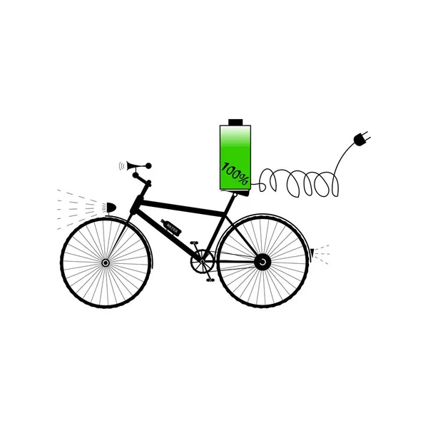 Svart cykel med batteri, ljudsignal horn och elektrisk kontakt skylt — Stock vektor