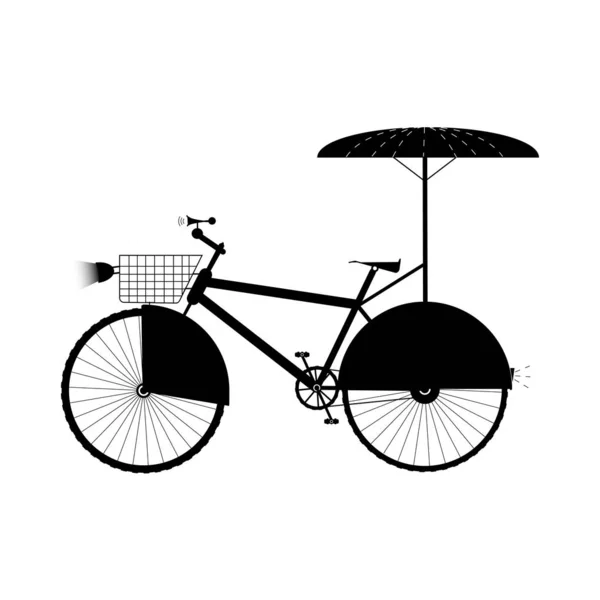 車輪の看板に傘、バスケット、ライトと保護付きの自転車 — ストックベクタ