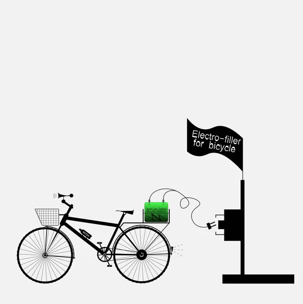 Черный велосипед с зеленым аккумулятором и электро-наполнителем с модулями — стоковый вектор