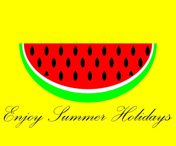 Sandía sobre fondo amarillo con texto disfrutar de vacaciones de verano — Vector de stock
