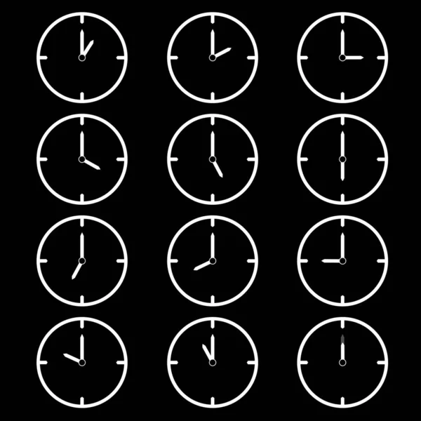 Conjunto de ícones de relógio de linha fina branca (todas as horas) em backgrou preto — Vetor de Stock