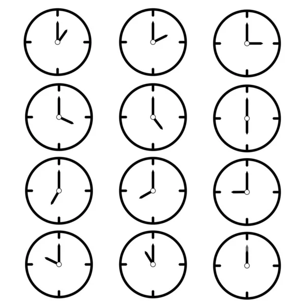 Conjunto de iconos de reloj de línea delgada negro (todas las horas) - vector illustra — Archivo Imágenes Vectoriales