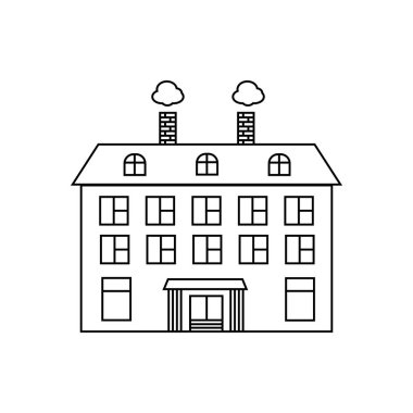 Pansiyon tabelası. Çatıda pencereli üç katlı bina