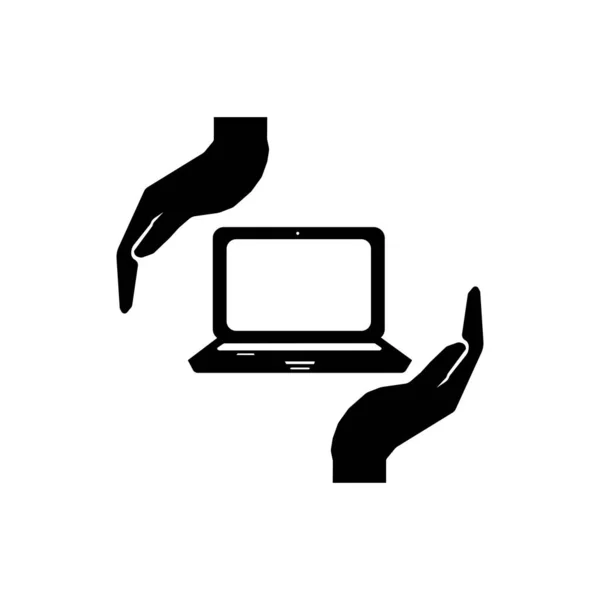 注意技术标志。手和笔记本电脑标志。阿雷西亚 — 图库矢量图片
