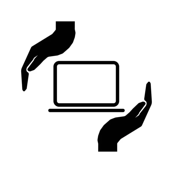 注意技术标志。手和笔记本电脑标志。精细林 — 图库矢量图片