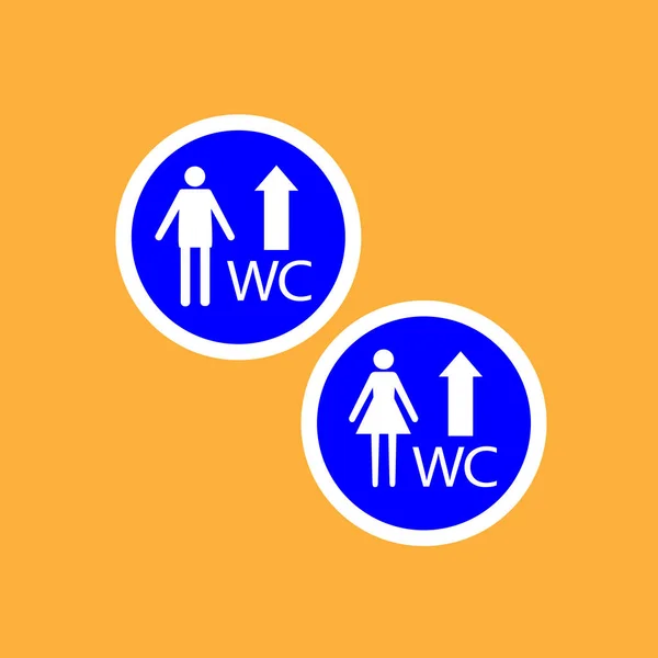 WC(toilet) round icon with arrow, white thin line on blue backgr — Stock Vector