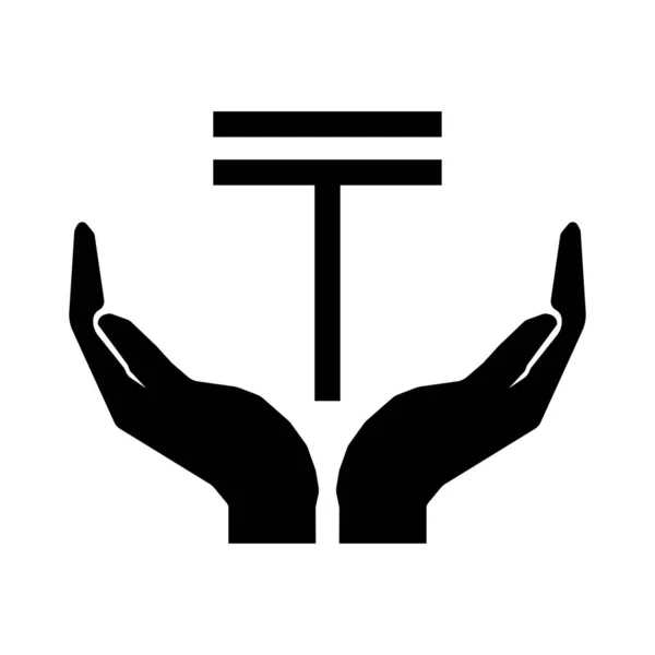 手と通貨記号。テンゲ・カザフスタンお金のサインを気にする — ストックベクタ