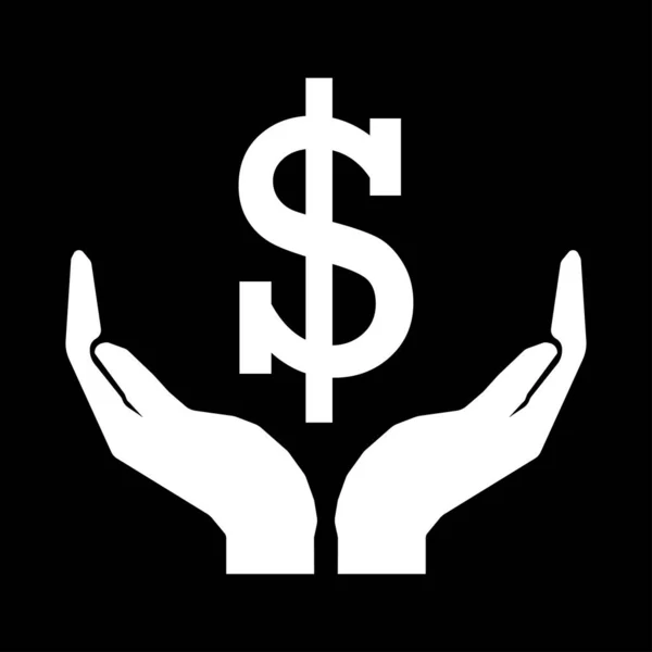 Mani e moneta segno DOLLAR bianco su sfondo nero — Vettoriale Stock