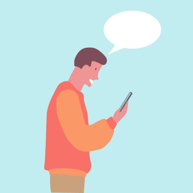 Genç adam telefonunun düz tasarımını izliyor.