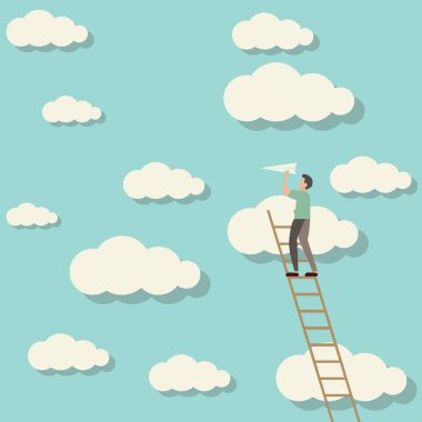 gökyüzüne tırmanan adam kağıt uçak fırlatma