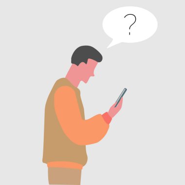 Genç adam telefonunu düz dizaynla izliyor.