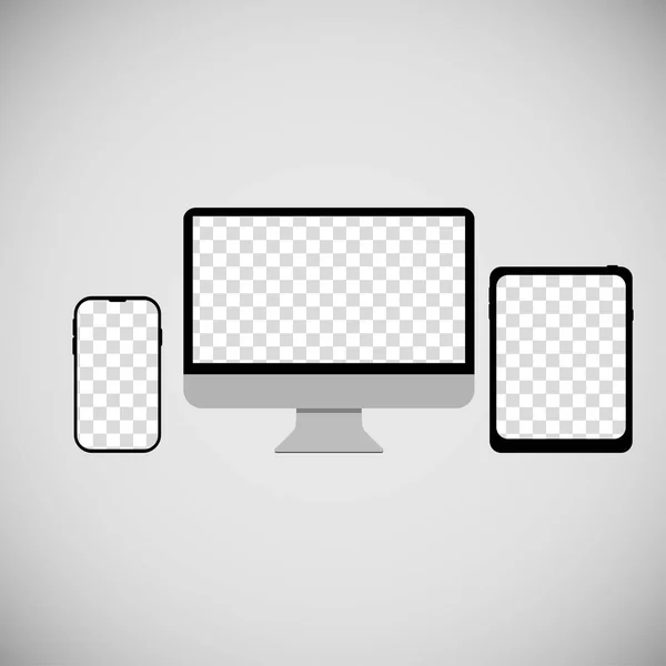 Téléphone ordinateur tablette écrans vides fond gris — Image vectorielle