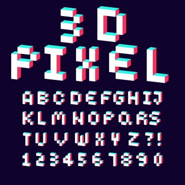 3d alphabet made of pixel design font clipart