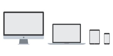 Bilgisayar dizüstü bilgisayarı, telefon vektörü ayarlandı. aygıt stoku çizimi. Boş ekran akıllı telefon defteri izole edilmiş. Beyaz arka planda. İnternet monitörü ekranı tasarımı. pc
