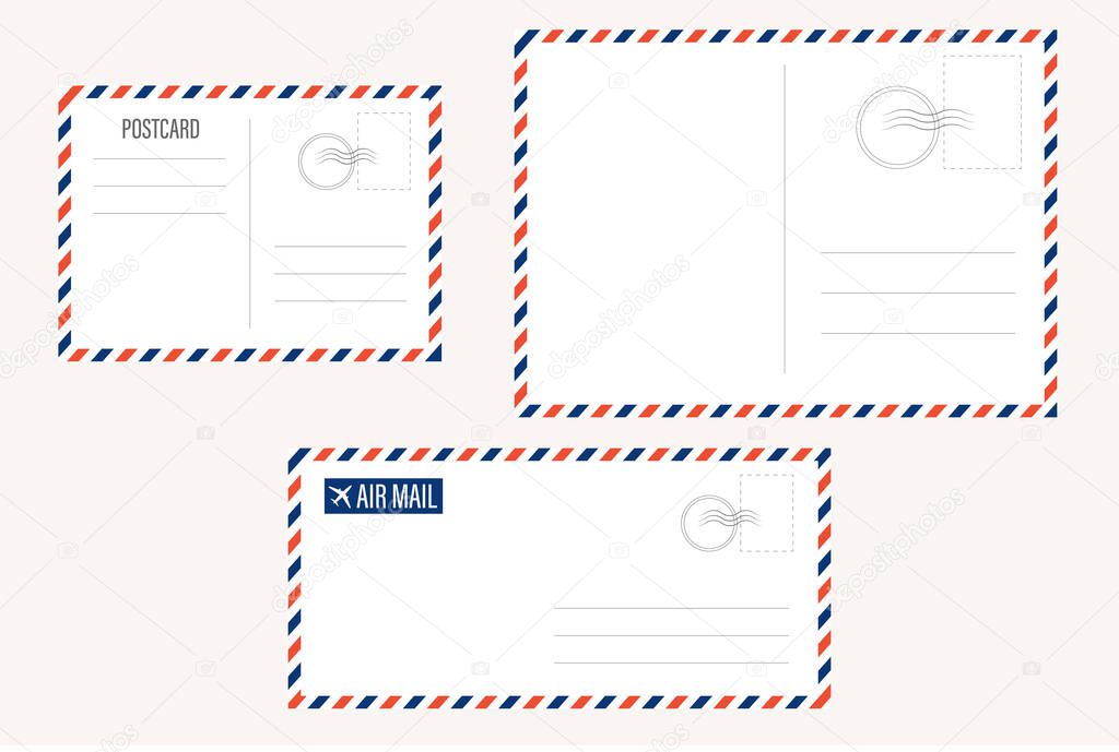 air mail letter vector. post stamp. airmail frame postcard. blue red stripes pattern. mockup template envelope. on white background. retro vintage blank message. world international 