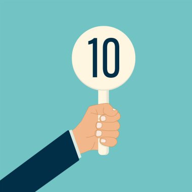  Yargıç el ele tutuşan kart çizimi. Rekabet jürisi için sayı belirlendi. Panel simgesi yukarı. İzole. Beyaz arka plan. en iyi not veya başarı