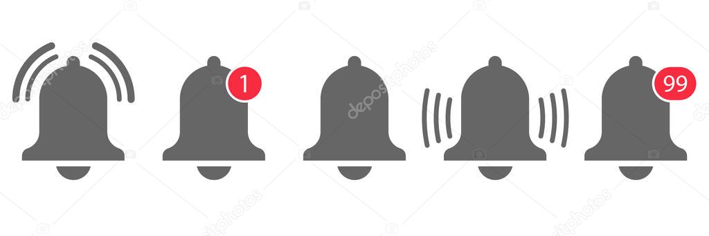 bell notification icon vector. message alert notice. subscribe reminder attention app. web alarm inbox. mobile phone red button. smartphone social media template. stock illustration set