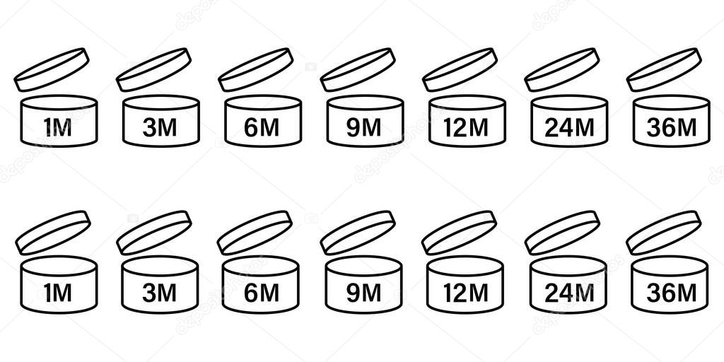 Pao symbol shelf life vector icon. cosmetic open period use logo. 3, 6, 12, 24, 36, 3m, 6m, 12m, 24m, 36m month best before product mark. cream eu pack label. isolated white background set