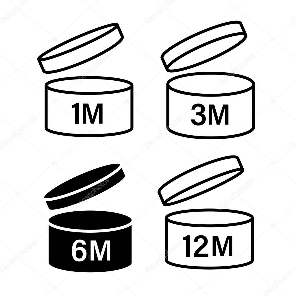 Pao symbol shelf life vector icon. cosmetic open period use logo. 3, 6, 12, 24, 36, 3m, 6m, 12m, 24m, 36m month best before product mark. cream eu pack label. isolated white background set