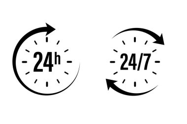 24 saat simge vektörü. Gündüz açık müşteri destek servisi. Arama merkezi saat yardımı 247 çevrimiçi yardım. Hafta sonu tabelası. Bağlantı hattı tasarımı. izole edilmiş beyaz arkaplan