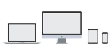 Bilgisayar dizüstü bilgisayarı, telefon vektörü ayarlandı. aygıt stoku çizimi. Boş ekran akıllı telefon defteri izole edilmiş. Beyaz arka planda. İnternet monitörü ekranı tasarımı. pc