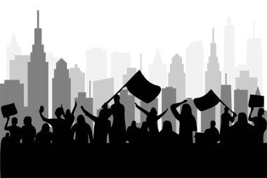 Kalabalık şehri protesto vektör illüstrasyonu. Çatışma göstergesi. Siyahların hayatı önemlidir. eylemci siluet beyaz arkaplan.