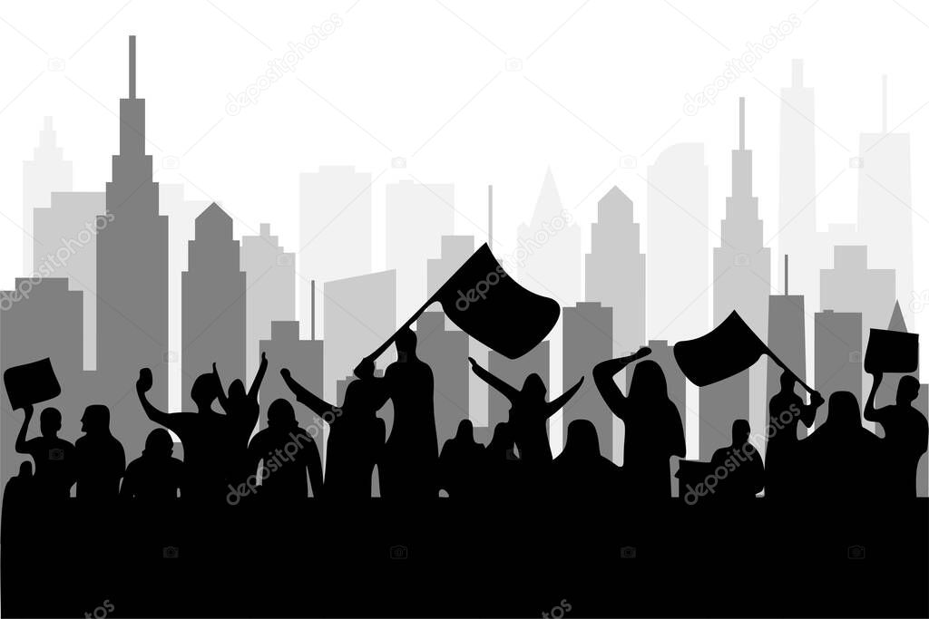 crowd city protest vector illustration. conflict demonstration.black lives matter etc. activist silhouette  white background.