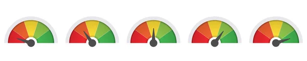 低スケールから高スケール 緑と赤のベクトルゲージ リスク痛みフィードバック気圧計のサインパフォーマンス シンボル 気分評価だ 白い背景 — ストックベクタ
