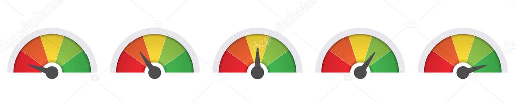 scale low to high, green and red vector gauge. risk, pain, feedback barometer sign, performance symbol. mood evaluation. white background