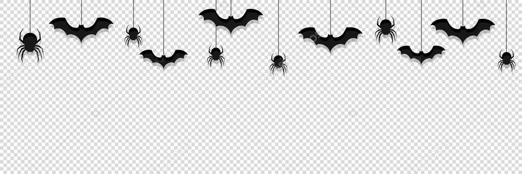 Halloween background transparent vector. hanging black spider, bat, insect, pattern isolated illustration. — Stock Illustration Halloween Background Transparent Vector Hanging Black Spider Bat Insect Pattern Stock Vector