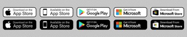 Düğmeler Google 'da elma mağazası indirme uygulamasını çalın. Cep telefonu iyoları, pencereler, mikrosoft ve android uygulamaları için izole edilmiş vektör düğmesi. editoryal stok illüstrasyonu beyaz arkaplan
