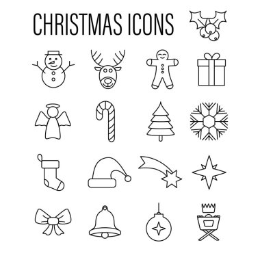 Noel çizgisi simgesi belirleme vektörü. Tatil sezonunun ana hatları. Hediye, kardan adam, ağaç, çorap, kar, geyik, melek, çan, şeker, Noel Baba, kurabiye, yıldız, beşik izole beyaz arka plan