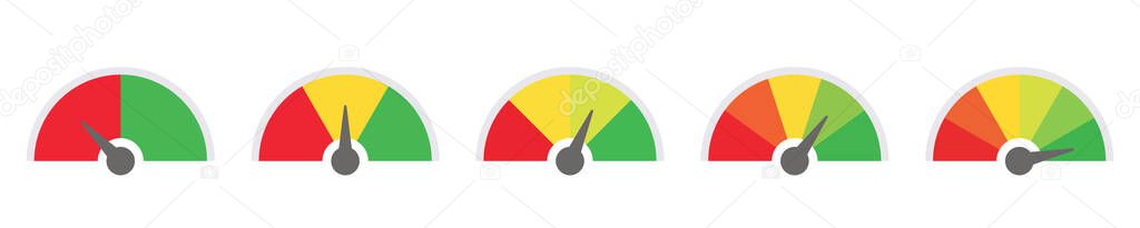 scale low to high, green and red vector gauge. risk, pain, feedback barometer sign, performance symbol. mood evaluation. white background  