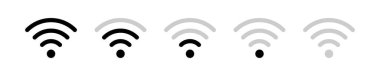 Wi-fi ikon vektör sembolü. Kablosuz ağ işareti. İzole edilmiş internet antenli sıcak nokta cep telefonu seti. beyaz arkaplan